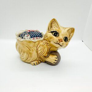 SOLD Vintage Ceramic Cat Kitten Planter Pin Cushion MCM Kitschy Yarn